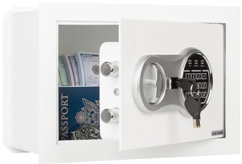 Wall Safe - Digital Safety Box with Passcode for Quick Access and Backup Key - Personal Safe for Cash or Jewelry - Wall Safes by Paragon (White)