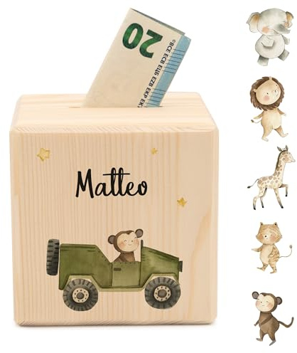Geschenkfreude Spardose personalisiert mit Namen aus Holz - Jeep | 10x10cm, Holzspardose mit Schloss, Taufgeschenke für Junge/Mädchen, UV-Druck Spardosen mit Namen, Geschenk zur Geburt