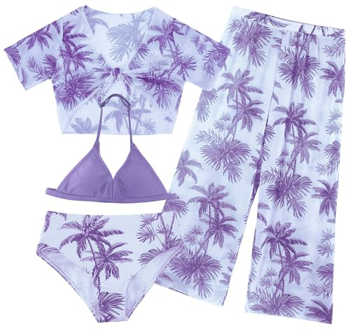 SEAUR Bikini da ragazza, set da 4 pezzi, costume da bagno con copertina up, pantaloni hawaiani, costume da bagno estivo, per 8-12 anni, 130-160, Lilla, 10 anni