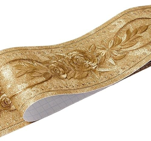 BordüRe Selbstklebend 1 Rolle/Pack Taille Bordüre Wasserdichte Wandaufkleber 3D Relief Rustikale Fliesen Wohnzimmer Badezimmer 5M Länge Selbstklebende Linie TapetenbordüRe Selbstklebend ( Color : Gold
