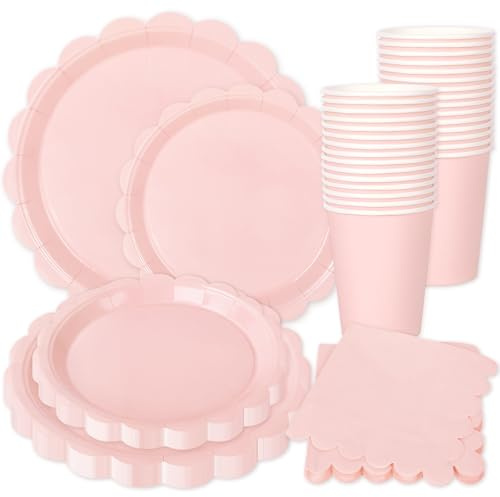 Whaline Kit de fournitures de fête en papier festonné rose clair, assiette, serviette, gobelet, vaisselle jetable pastel pour 24 invités, mariage, fête d'anniversaire, décoration de table