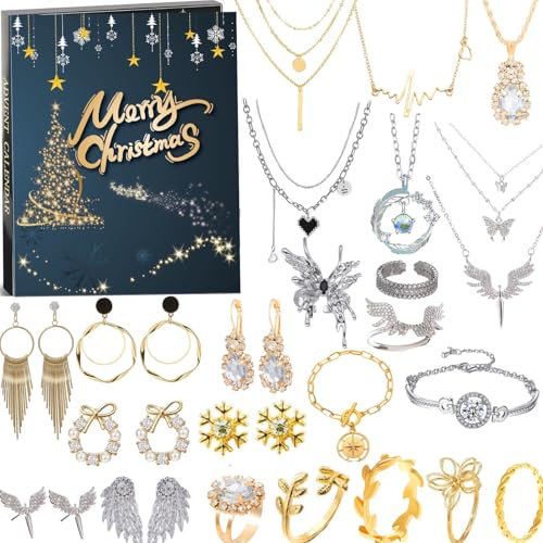 Schmuck-Adventskalender 2025, Erwachsene, Damen, Teenager, Mädchen, 24 Tage Weihnachts-Countdown-Kalender mit Halskette, Ringen und Ohrringen, Weihnachtsüberraschungsgeschenke für Mutter, Freundin