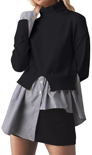 MISSACTIVER Women Slit Turtleneck Patchwork Sweater 2 in 1 Buttons Down Pullover Knit Sweater Asymmetrical Hem Shirt Top Black
