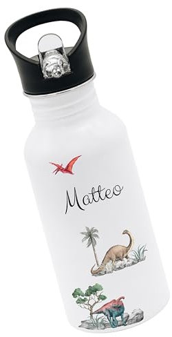 Bärenfreunde® - Personalisierte Trinkflasche Kinder Edelstahl [ 500ml ] - Robuste Trinkflasche mit Namen - Wasserflasche mit Trinkhalm - Personalisierte Geschenke für Kinder (Dino Szenario)