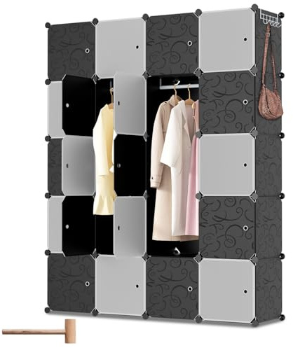 Ansobea Kleiderschrank mit Staubschutz,20 Fächer,2 Kleiderstangen & 2 Haken | Platzsparender Steckschrank für Wohnheim & Apartment.Als Kleider- oder Aufbewahrungsschrank flexibel nutzbar,175x140x35cm