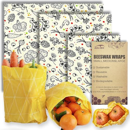 Zelten Beeswax Reusable Food Wraps - (3 Packs, 3 Sizes S,M,L) Plastic and Silicone Free, Eco-friendly Wrap, Wax Paper for Food,Vegetable