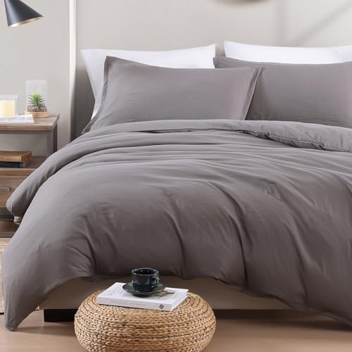 Double Bedding Set Duvet Cover & Fitted Sheet 4 PC, Pre-Washed- Grey | Pre-Washed, Quilt Cover Set with Pillowcases, Zipper Closure, OEKO-TEX Certified, Soft Breathable Comfort for Home and Hotels