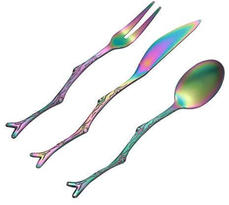 OFFSCH Cubiertos de Acero Inoxidable Tenedor y Cuchara, 3 Piezas, Vintage Diseño de Ramas para Fruta y Postre, para Hogar y Restaurante