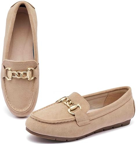 ABEJOJO Women's Loafer Shoes, Comfortable Slip on Casual Flat Penny Shoes for Walking, Driving, Dressy (Beige Suede 8.5)