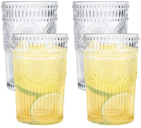 SUNOYA Tazas de café vintage en relieve, 4 unidades de 380 ml, vasos de agua románticos, cristal transparente, 8 cm x 12.3 cm