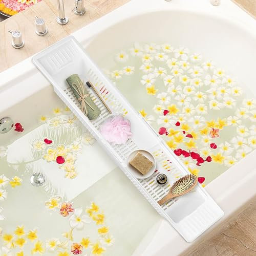 CROWNSHOP Plastic Bathtub Caddy Tray 57-86cm Adjustable Bathroom Basket Storage Rack Bathtub Rack Expandable Toy Storage Shower Storage Rack Shampoo Soap Storage Compact Bathtub Accessories Dishwasher