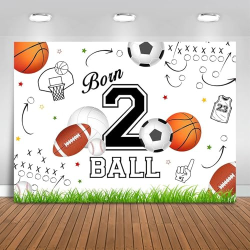 Fitumiw Born Two Ball Backdrop 7x5ft Sports Theme 2nd Birthday Party Decorations Background for Boys Football Basketball Baseball Born 2 Ball Banner Photo Booth Props