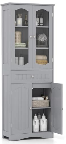 FANTASK Badschrank mit 4 Türen & Schublade & Verstellbarem Einlegeboden, Badezimmerschrank für Wohnzimmer, Badezimmer, Küche, 60 x 30 x 160 cm, Grau