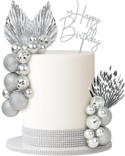 24Pcs Silver Balls Cake Toppers Palm Leaves Birthday Cake Decorations Foam DIY Leaf Cake Insert Boho Silver Glitter Mini Balloon Cupcake Insert for Birthday Party Decor.