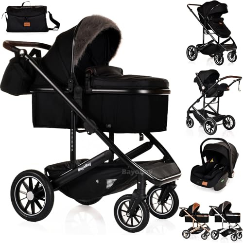 3 in 1 Baby Pram Travel System with Car Seat Lightweight Buggy Foldable Pushchair for Newborn and Toddlers up to 22kg New 2025 Style (Black - Black)
