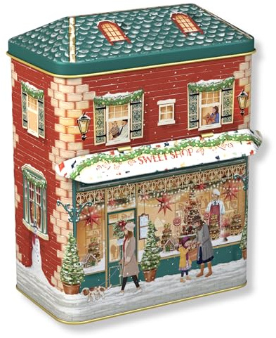 MediMuc Kleines Haus Winter Sweet mit Vordach - Dose, Gebäckdose, Geschenkdose, Sammlerdose - Volumen: 1.000 ml Maße: 12,0 x 7,5 x 15,0 cm