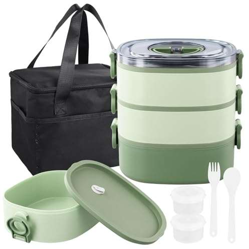 3 in 1 Bento Box 2800ml mit Tasche, Lunchbox mit Fächern, Brotdose Kinder Erwachsene, 3 Lagen Stapelbare, BPA Frei, Snackbox Essensbox mit Partition Besteck, Auslaufsichere, Mikrowellengeeignet