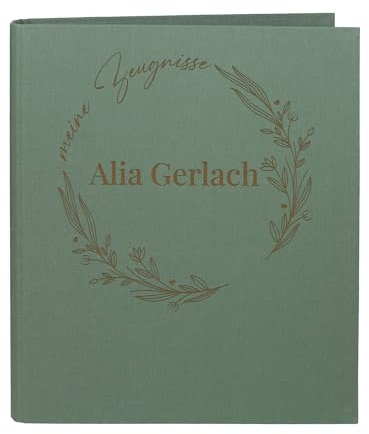 Striefchen® Zeugnismappe personalisiert mit Name – Leinenstoff – 5 Farben zur Auswahl – florales Line Art Motiv – DIN A4 – 4-Ring-Ordner für Schüler zur Aufbewahrung von Schulzeugnissen (Grün)
