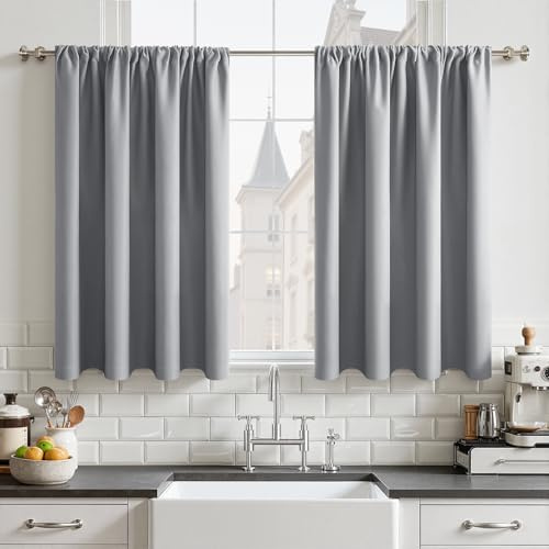 CUTEWIND Scheibengardine Küche Bistrogardine Blickdicht 2er Set Hellgrau H 60 x B 90 cm, Küchengardine Scheibengardinen mit Stangendurchzug Modern Küchenfenster für Wohnmobil Kleine Fenster