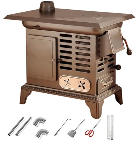 Gusseiserner Holzofen mit Backofen, Starke Heizleistung für Schnelles Aufheizen, Pelletofen Ascheschublade für Hütten, Häuser und Autarkes Wohnen
