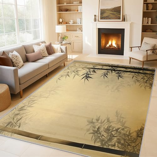 Washable Bamboo Leaves Area Rugs 5x6, Chinese Ink Painting Rugs for Living Room Bedroom, Asian Home Decor, Low Pile Soft Non Slip Thin Carpet Y-9
