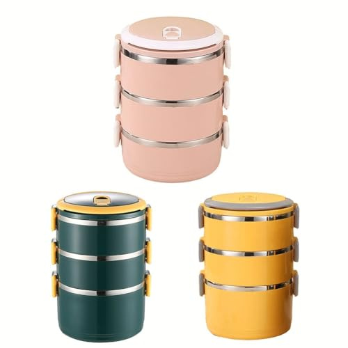 WIIYENA Lonchera apilable de acero inoxidable aislada con sello a prueba de fugas, contenedor térmico de 3 capas para alimentos fríos o calientes, rosa, amarillo, verde oscuro