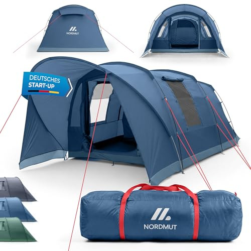 NORDMUT® Tunnelzelt 4 oder 6 Personen windfest inkl. Vordach & Boden – stabiles Familienzelt mit Stehhöhe – Campingzelt wasserdicht mit hervorragender Luftzirkulation
