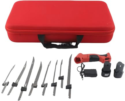 WODHMIEY Elektrisk Kniv Trådlös Elektrisk Kniv Filékniv med 4 Högkolstålblad 26-39 Cm 2 Batterier Halkskydd Säkerhetsbrytare Fisketillbehör Campingset med Fodral