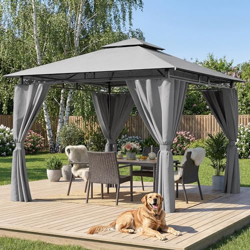 Hawthyhome Pavillon 3x3 Wasserdicht Stabil, Gartenpavillon Doppeldach, Partyzelt mit Seitenwänden, UV-Schutz 50+, Metallrahmen Pavillon für Garten Terrasse Party, Grau