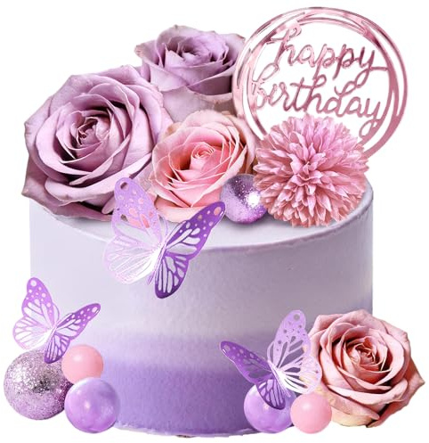 Glamoreal Topper Florales para Pastel, Decoraciones para Tarta Happy Birthday en Oro Rosa con Flores Artificiales y Bolas con Mariposas para Bodas y Fiestas de cumpleaños (Lila)