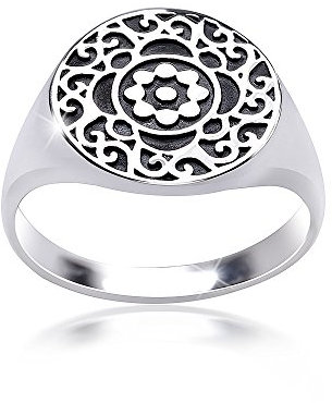 MATERIA Damen Ring Siegelring Blüte floral 925 Silber antik breit #SR-119, Ringgrößen:62 (19.7 mm Ø)