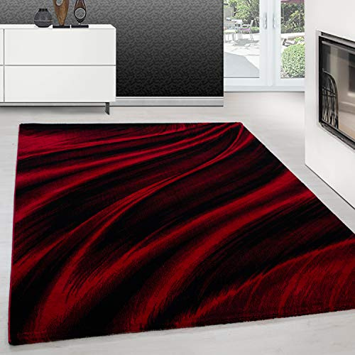 Teppium Moderner Kurzflor Teppich Läufer Flur 80 x 150 cm Rot - Flauschiger Teppich Waschbar, Abstrakt Wellen Design, Pflegeleicht, Weich - Ideal lals Bettvorleger im Schlafzimmer und Küchenläufer