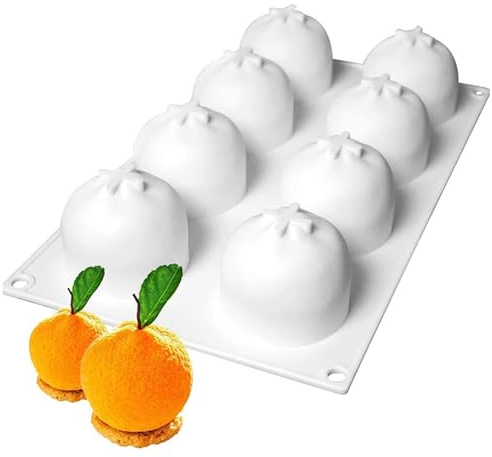 OCPO KITCHEN Orange Silicone Mold for Baking Mousse Cake, Chocolate, Fruit Dessert, Pudding, Jelly, Ice Cream Mould, Cake Decoration Mold, Non-Stick and Easy Release, 3D Orange Shape (8-Cavity)