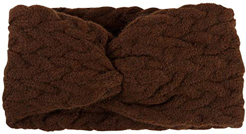 styleBREAKER Damen Strick Stirnband Zopfmuster Twist Knoten, Cognac | Polyacryl-Gewebe, ungedehnt 19 cm Bundweite, 10 cm breit, sehr elastisch (dehnbar für 42-59 cm Kopfumfang), enganliegend.