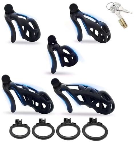 ChicLSQ Belüftung Peniskäfig Keuschheitsgürtel Set mit 4 Cockringe Klein Keuschheit Keuschheitskäfig Mann Bondage Extrem für Männer Keuschheit Penis Käfig Schwarz (Gebogener Ring-xs)