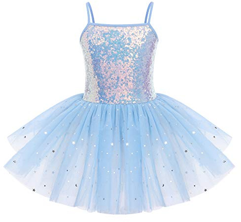 IWEMEK - Robe de ballet pour enfant - Sans manches, à paillettes, avec tulle - Pour danse, ballet - Jupe de ballet, de gymnastique - Vêtements de danse, bleu, 9-10 ans