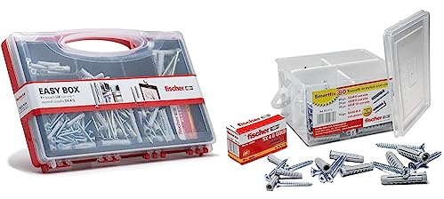 Fischer Kit Easy Box, Set Di 252 Tasselli Ux Con Ganci Appendi Quadro E Viti Assortite Per Fissaggio Su Muro Pieno E Mattone Forat & Kit Smartfix Box, 80 Tasselli Con Vite Con Gancio