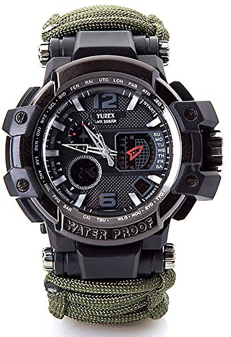 WLDOCA 50M wasserdichte Taktische Paracord-Uhr Multifunktions-Überlebensuhr für den Außenbereich mit Karabiner-Kompass-Thermometer für Männer und Frauen