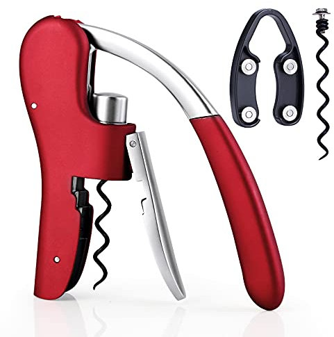 Drincarier Profi-Flaschenöffner, Zinklegierung, mit Hebel, Korkenzieher, mit Folienschneider, Kellnermesser/Hase, Rot