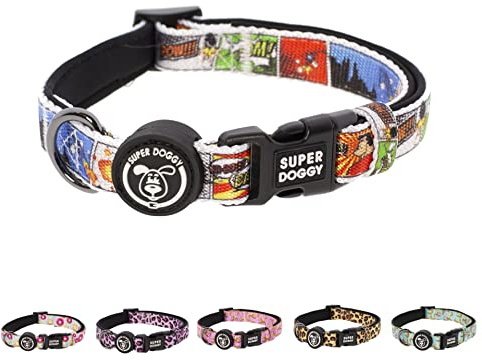 SUPER DOGGY Hundehalsband Nylon Verstellbar - für Kleine, Mittel & Große Hunde - Halsband Hund Katze Welpe - Verstellbares, Weich & Komfort - zum Wandern oder Radfahren (Cómic, S (25-40 cm))