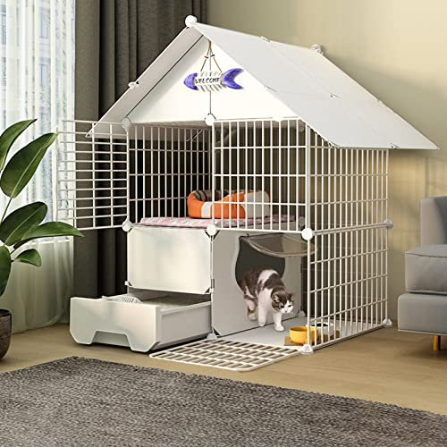 Tightstore Katzengehege Groß mit Katzenklo, Draht-katzenkäfig, 3-stöckiger Katzengehege für Balkon, Zusammenklappbarer Katzenkäfig, Ideal für 1-4 Katzen