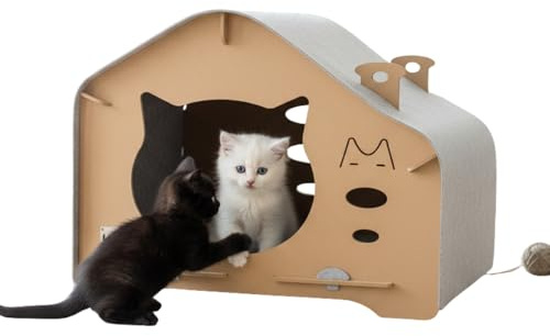 WANEKA Mansion Felina Casa para Gatos de Madera y Tela Cama para Gato Facil de Montar Muy Resistente Apropiada para Diversos tamaños de Gato Acceso Amplio
