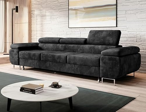 Easy4You Schlafsofa Norberg - 279 cm - Velour Graphite - 3 Sitzer Sofa - Werstellbare Kopfstützen - Couch mit Schlaffunktion - Stoff: Monolith M-97
