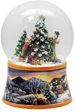 Schneekugel Familie schmückt Weihnachtsbaum auf nostalgische Winterlandschaft Braunton Weihnachten Winter mit Spieluhr - 100mm breit * 20273