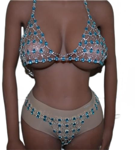 Blaue Diamant-Körperkette, Brustkette, glitzernde Strass-BH-Höschen, Kristall-Bikini-Brustschmuck, Dessous, Frau, sexy Nachtclub-Kleidung (Golden) (Golden)