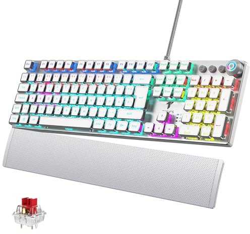 TECURS Gaming Mechanische Tastatur - Programmierbare Gamer Mit Magnetische Handgelenkauflage, Rote Schalter, 19 LED Modi, Multimedia-Tasten, PC Mit Kabel QWERTZ DE-Layout, Weiß