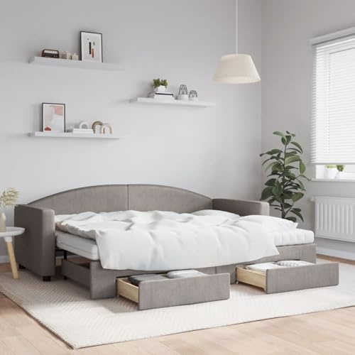 Gecheer Ausziehbares Schlafsofa mit Matratze, aus Stoff, Taupe, mit Schubladen und Rollen, 80 x 200 cm, Schlafsofa mit Matratze, 2-Sitzer-Sofa, Stoffsofa, versenkbar