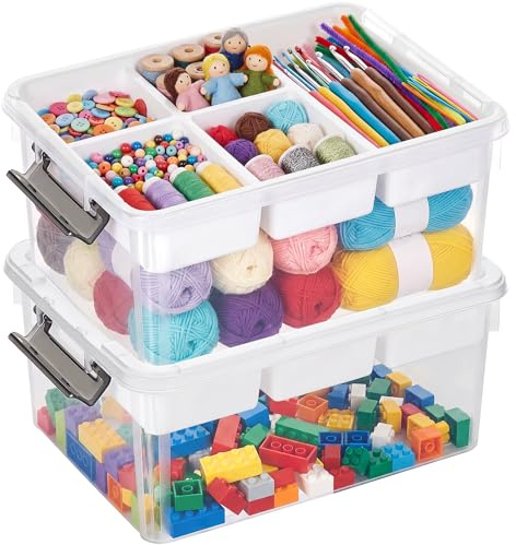 Citylife 2 Pack 16L Toy Storage Boxes with Building Block Baseplate Lid, Removable Tray, Latch Handle, Stackable Plastic Storage Boxes with Compartments for Bricks, Puzzles, Tools, Sewing