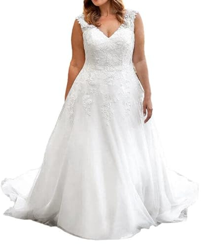 JAEDEN Brautkleider Hochzeitskleider A Linie Grosse Grössen Standesamtkleid V-Ausschnitt Boho Braut Kleid Ärmellos Weiß 56