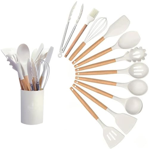 GJIE Kitchen Utensil Set, 12 PCS Silicone Cooking Utensils Set with Wooden Handle, Heat Resistant, Nonstick Cookware Tongs Spatula Spoon Set, Dishwasher Safe, Best Kitchen Tools (White)